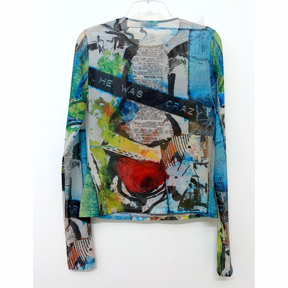 Alice + Olivia x Basquiat Delaina Mesh Top T Shirt Tee Confidential Collage M - Picture 8 of 10